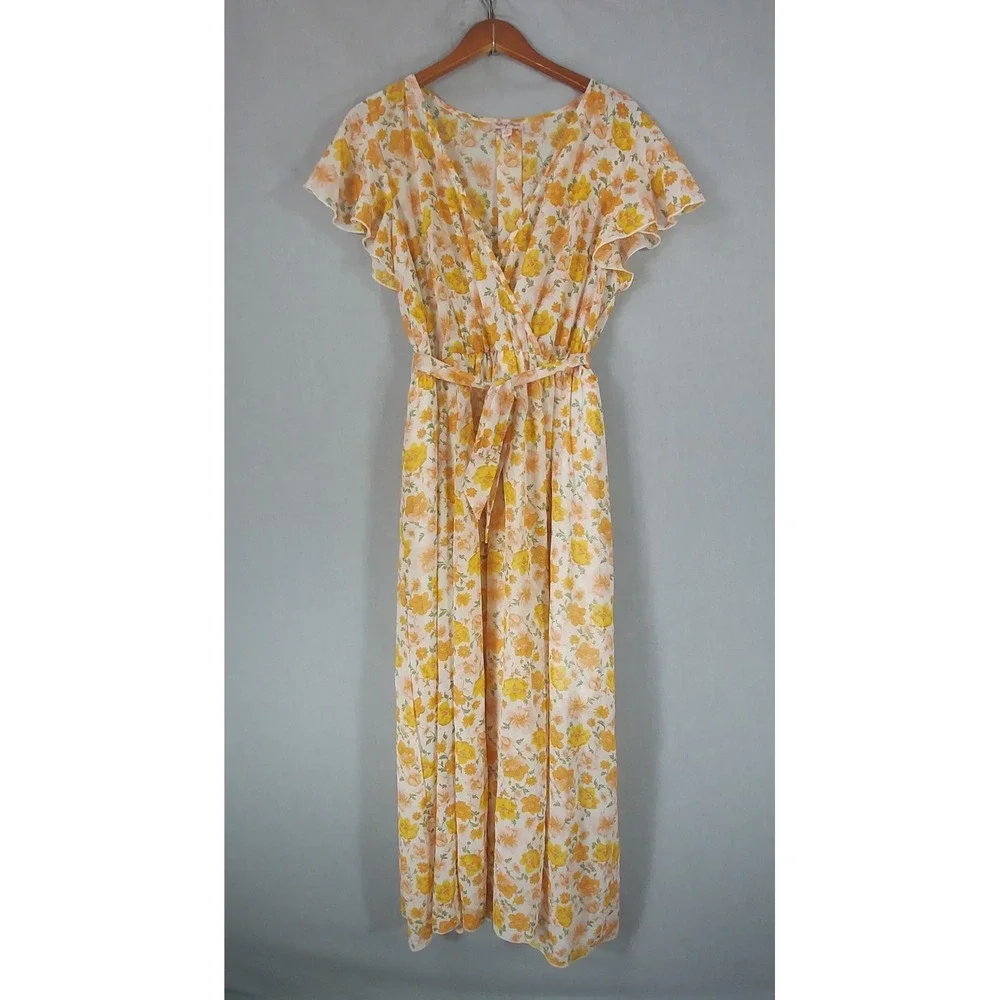 Womens 2X Floral Midi Dress Cottagecore Prairie Romantic Faux Wrap Tie Belt - Picture 2 of 11